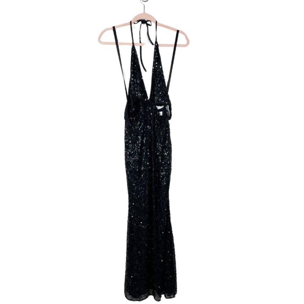 NWT Mac Duggal Silver Cut Out Halter Tie Back Sequin Gown Black 4 #8568 - Picture 2 of 8